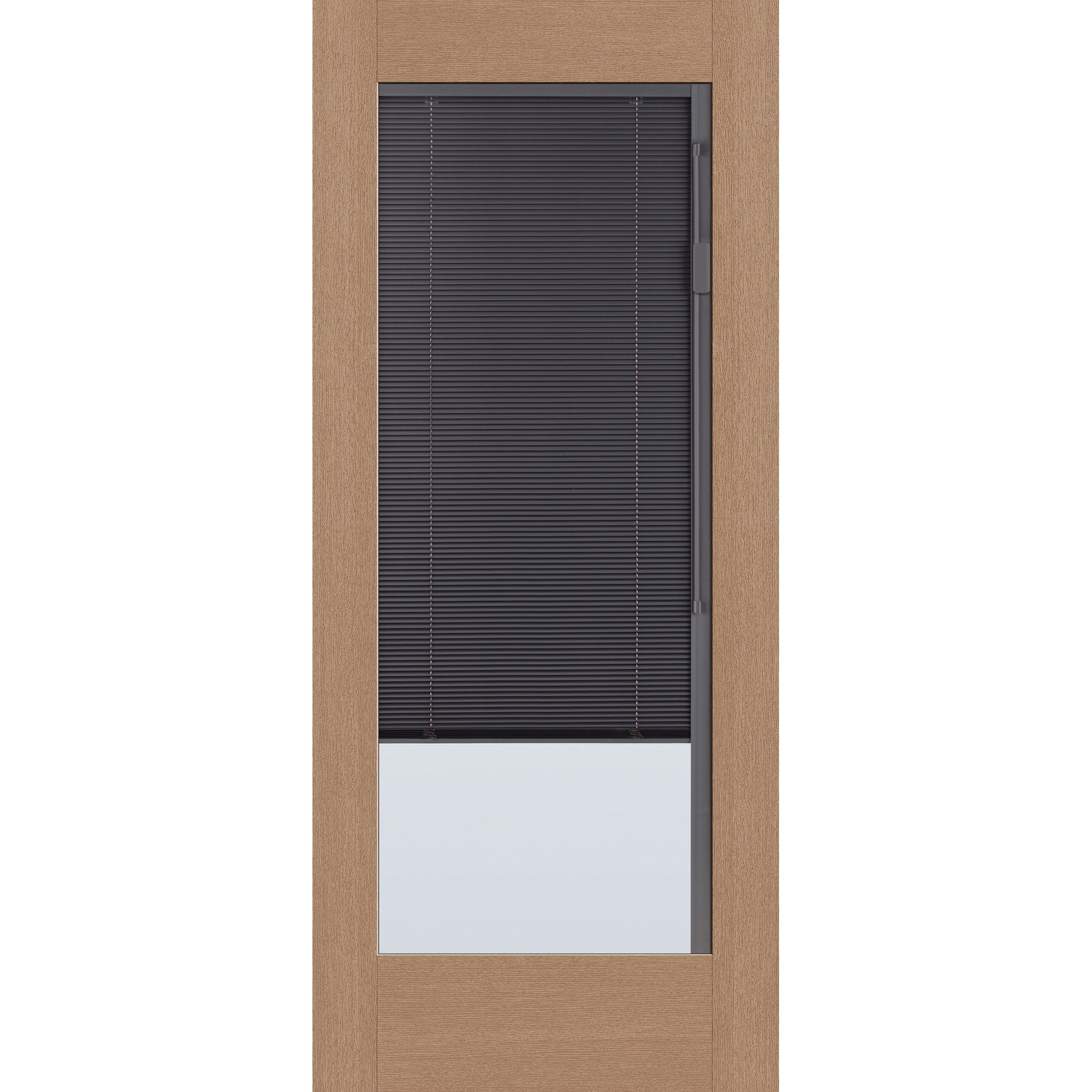 Raise & Lower Blinds flush glazed fiberglass entry door, full lite, 34" x 80", tan woodgrain finish, slate blinds
