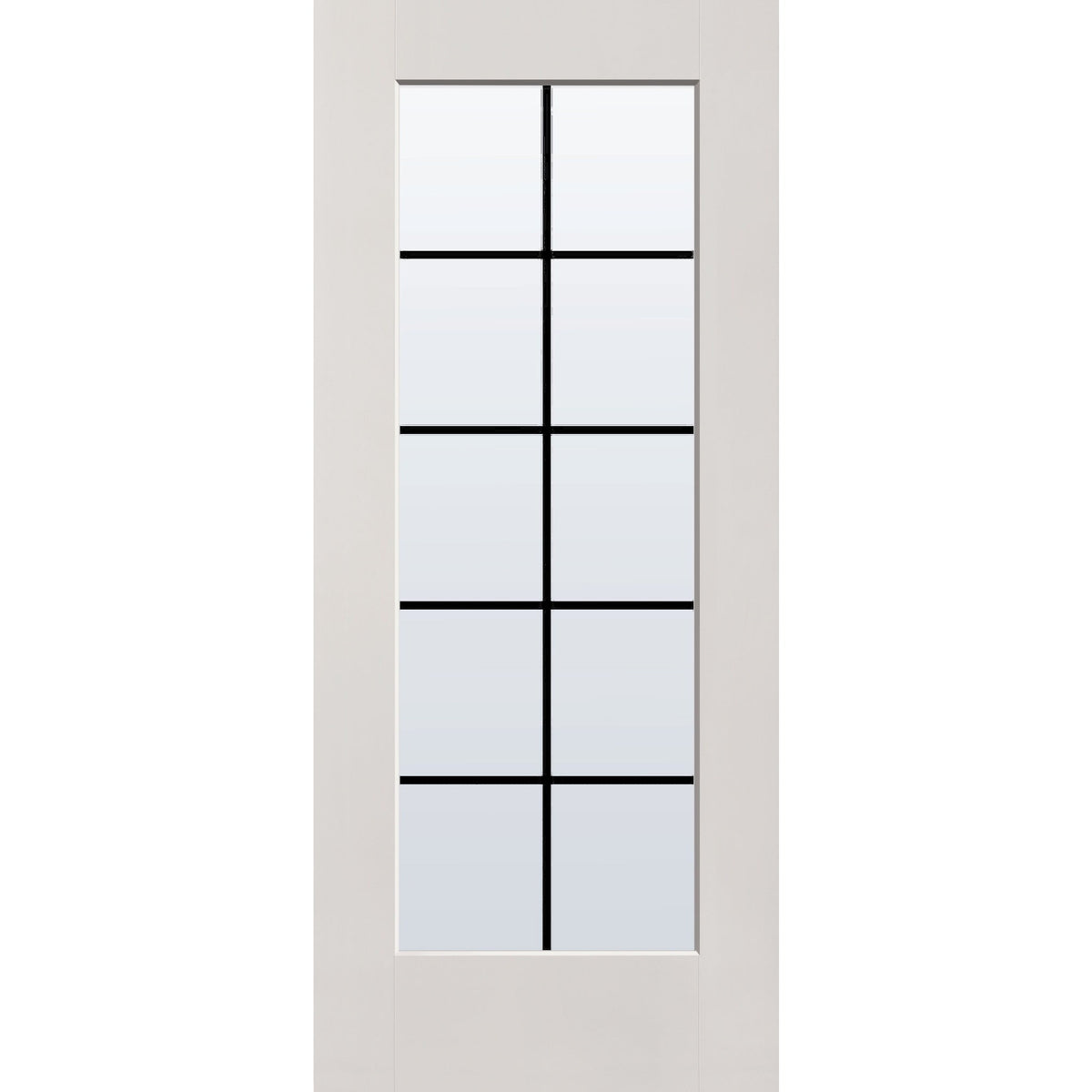 10 light grille flush glazed hurricane-rated fiberglass entry door, full lite, 34" x 80", white satin smooth finish, black grilles between glass