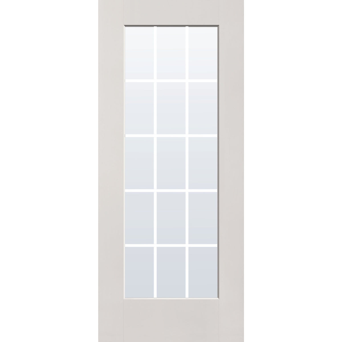 15 light grille flush glazed hurricane-rated fiberglass entry door, full lite, 34" x 80", white satin smooth finish, white grilles between glass