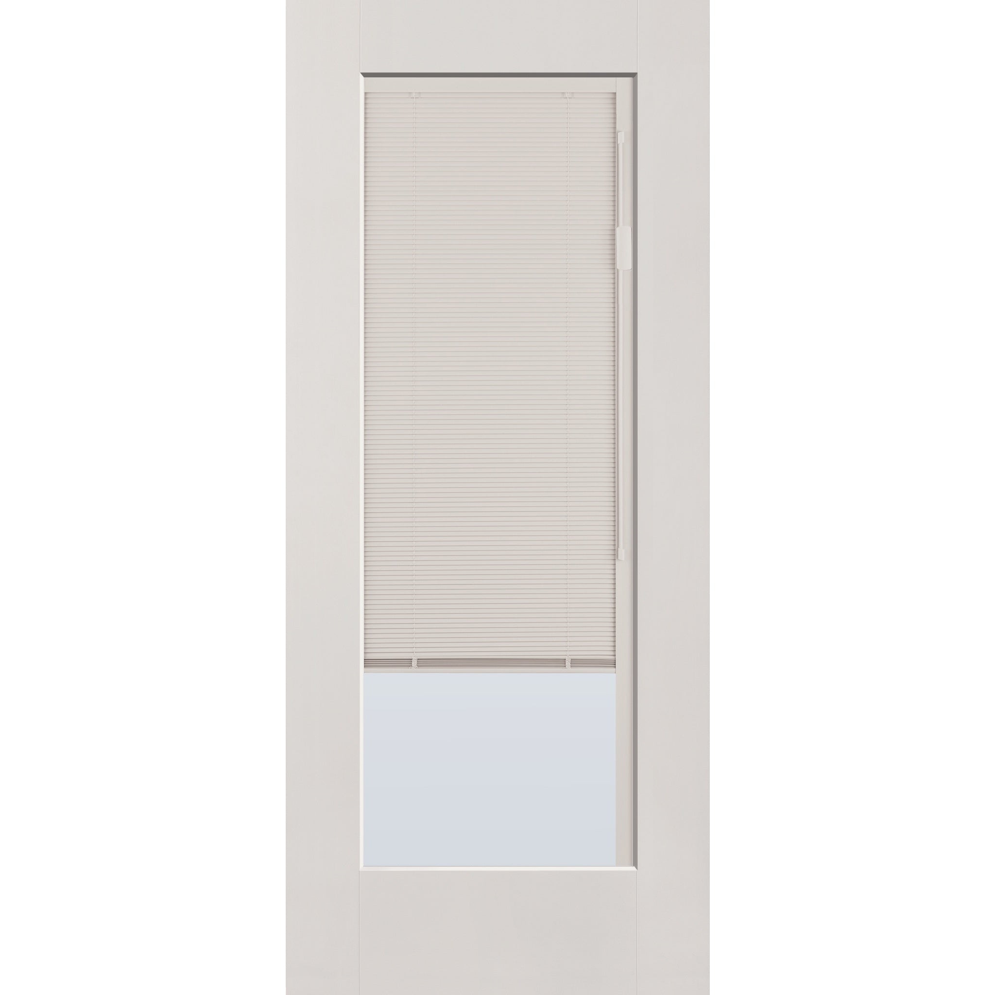 Raise & Lower Blinds flush glazed fiberglass entry door, full lite, 34" x 80", white satin smooth finish, white blinds