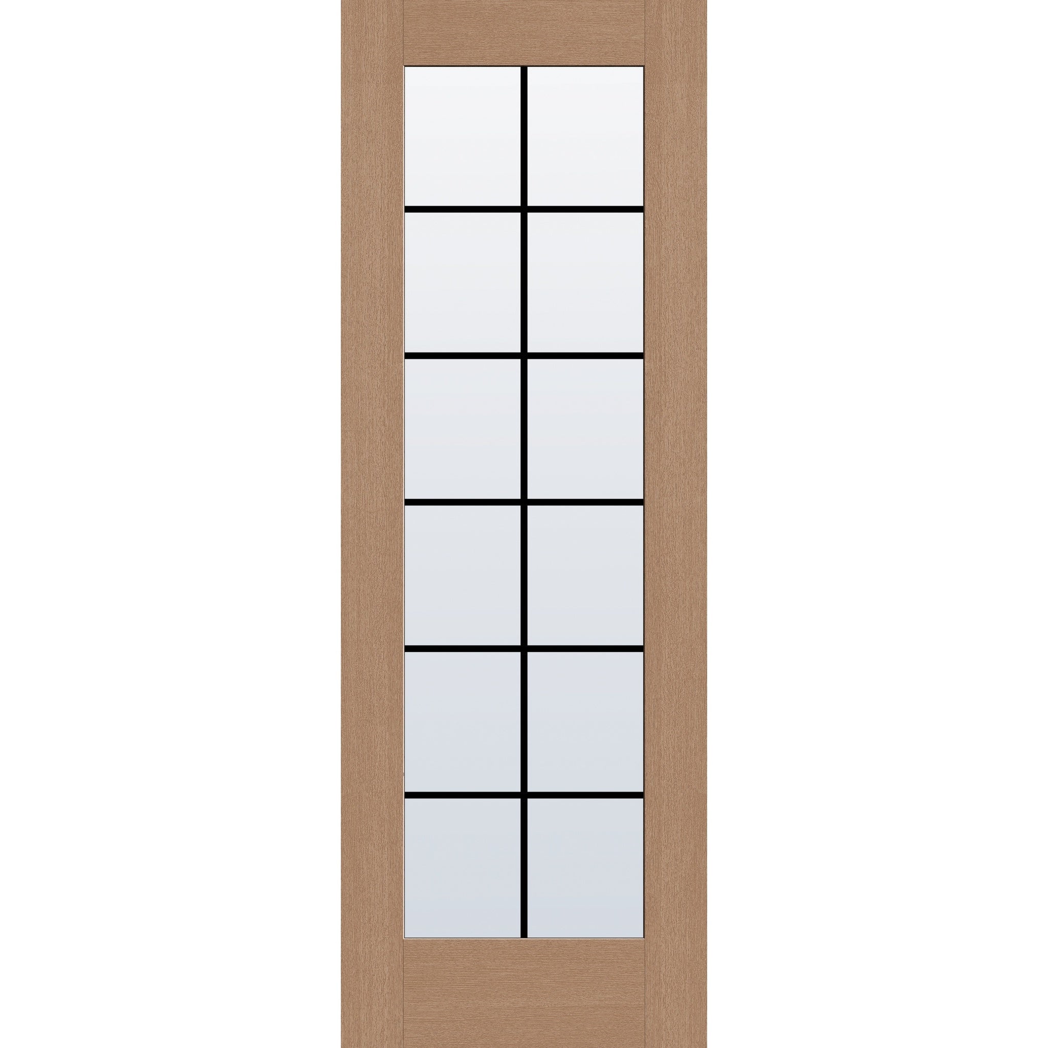 12 light grille flush glazed hurricane-rated fiberglass entry door, full lite, 34" x 96", tan woodgrain finish, black grilles between glass