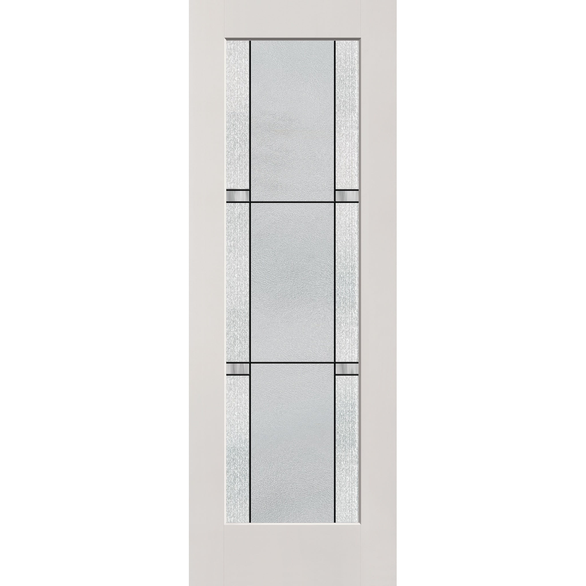 Dexter flush glazed hurricane-rated fiberglass entry door, full lite, 34" x 96", white satin smooth finish, Black Aluminum caming