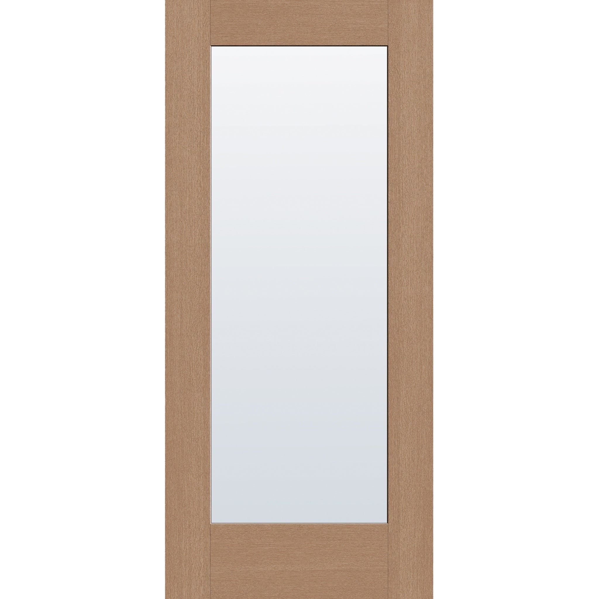 Clear flush glazed hurricane-rated fiberglass entry door, full lite, 36" x 80", tan woodgrain finish