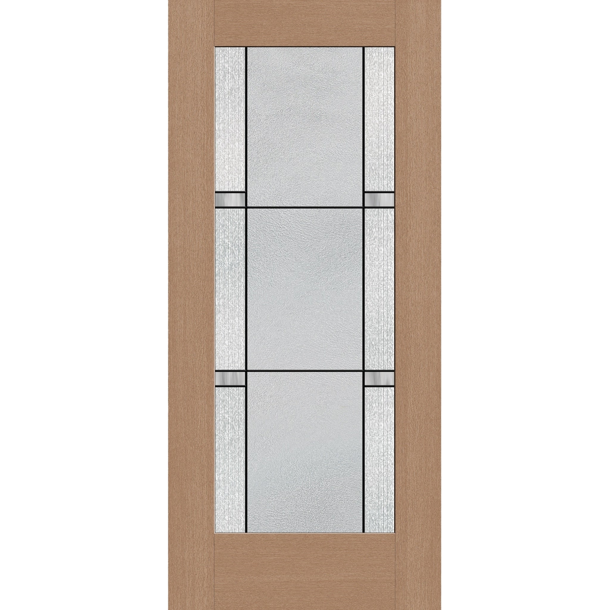 Dexter flush glazed hurricane-rated fiberglass entry door, full lite, 36" x 80", tan woodgrain finish, Black Aluminum caming