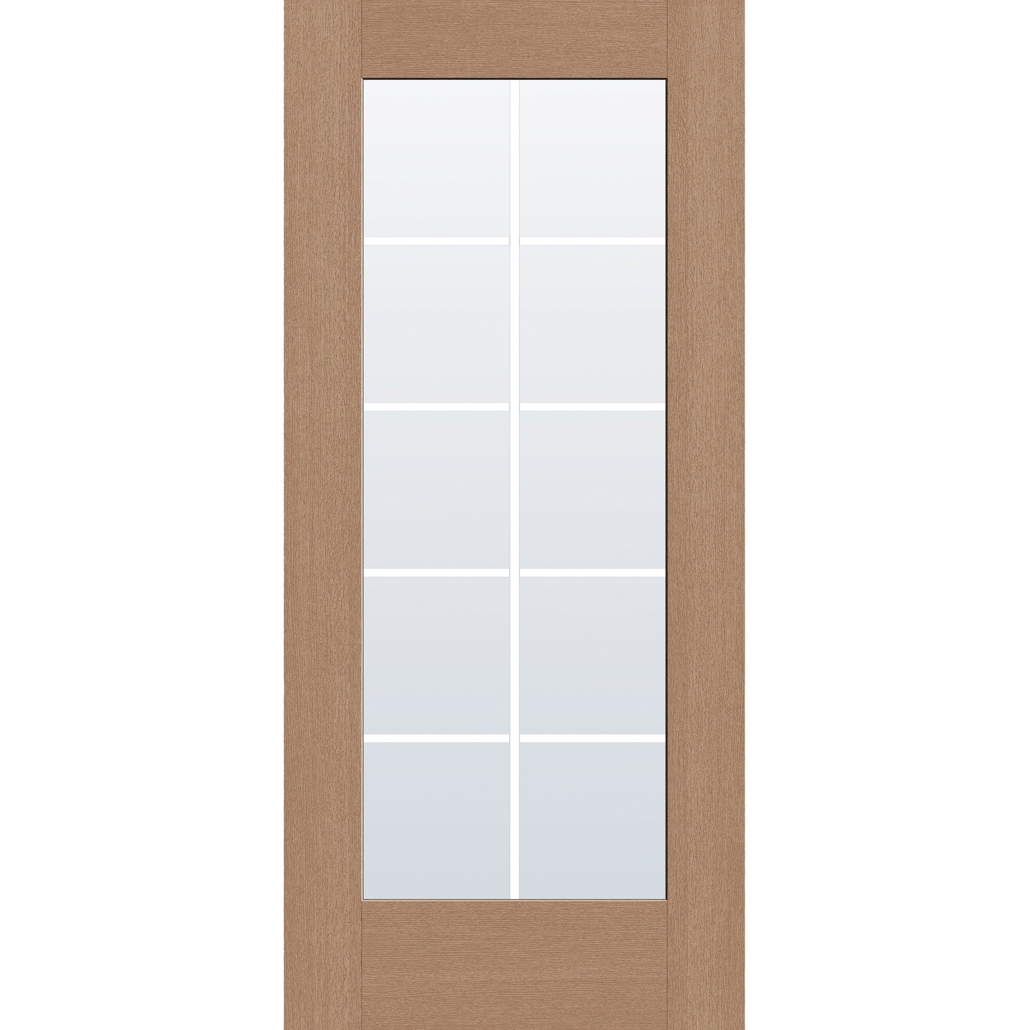 10 light grille flush glazed fiberglass entry door, full lite, 36" x 80", tan woodgrain finish, white grilles between glass