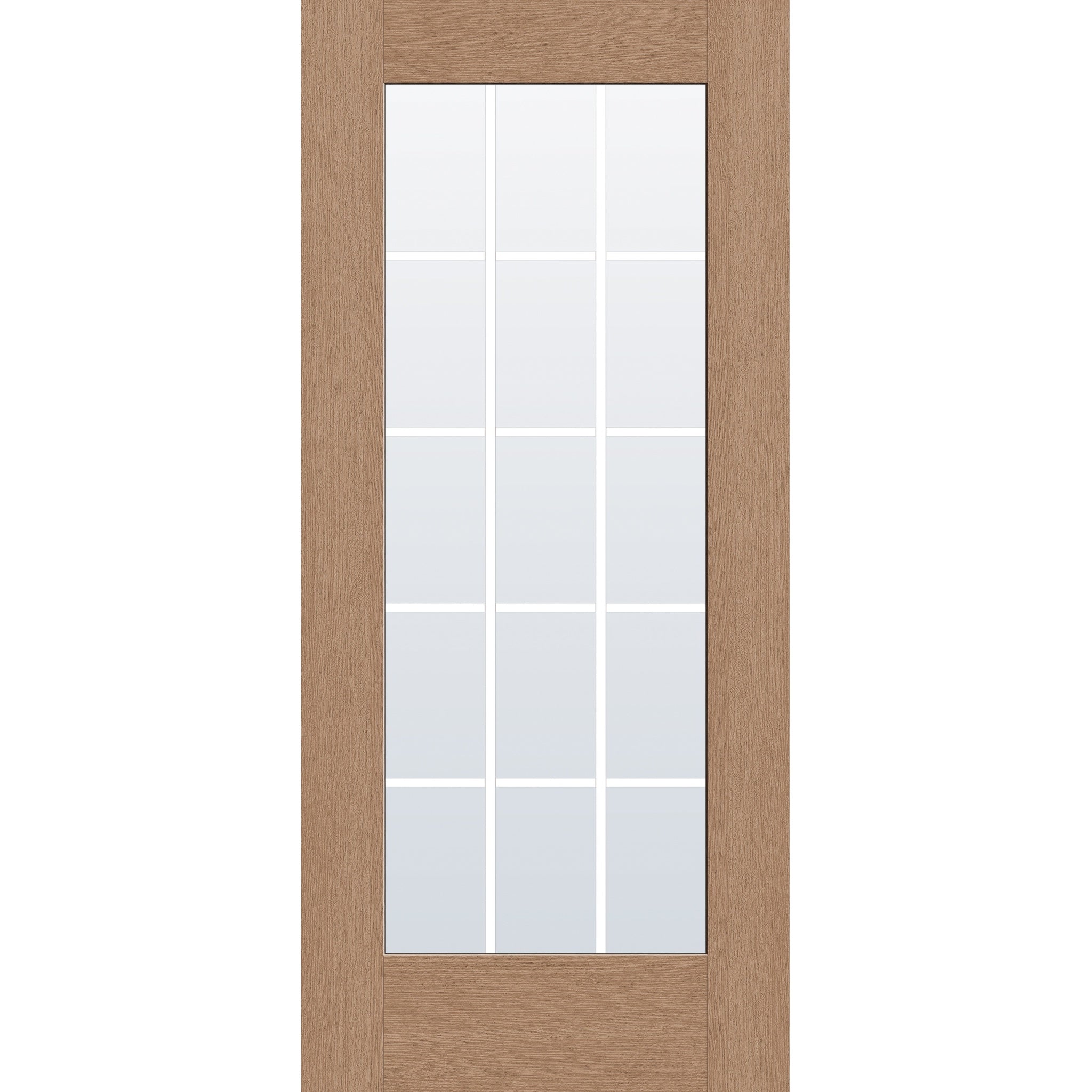15 light grille flush glazed fiberglass entry door, full lite, 36" x 80", tan woodgrain finish, white grilles between glass