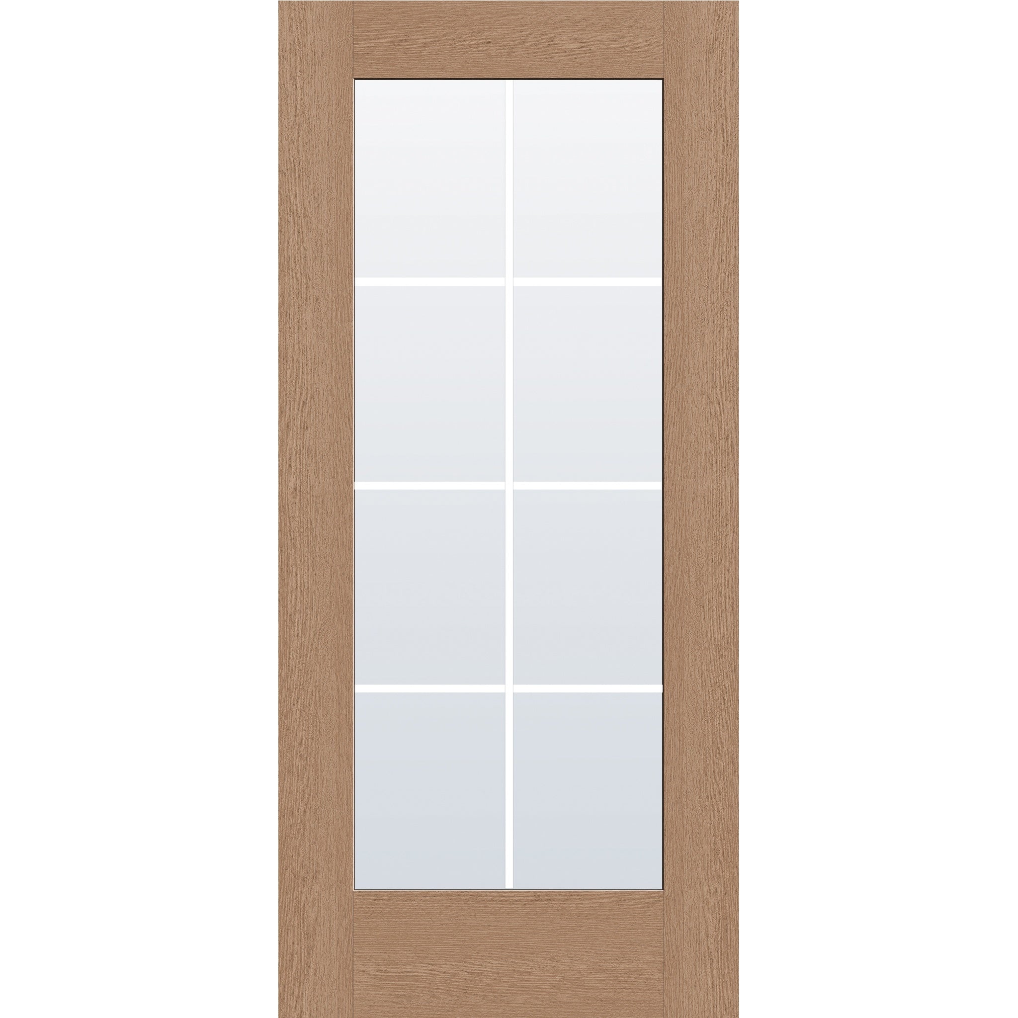 8 light grille flush glazed fiberglass entry door, full lite, 36" x 80", tan woodgrain finish, white grilles between glass