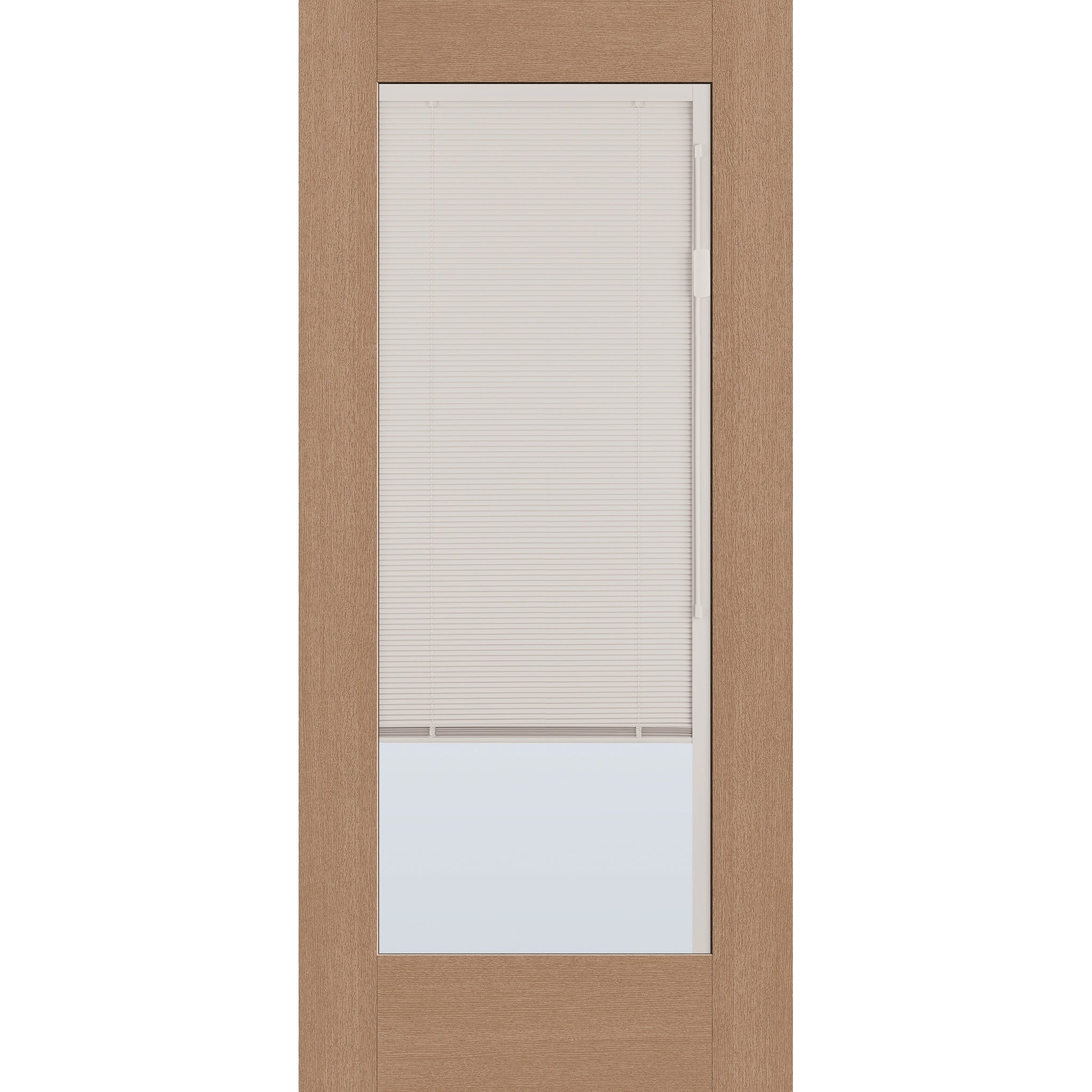 Raise & Lower Blinds flush glazed fiberglass entry door, full lite, 36" x 80", tan woodgrain finish, white blinds