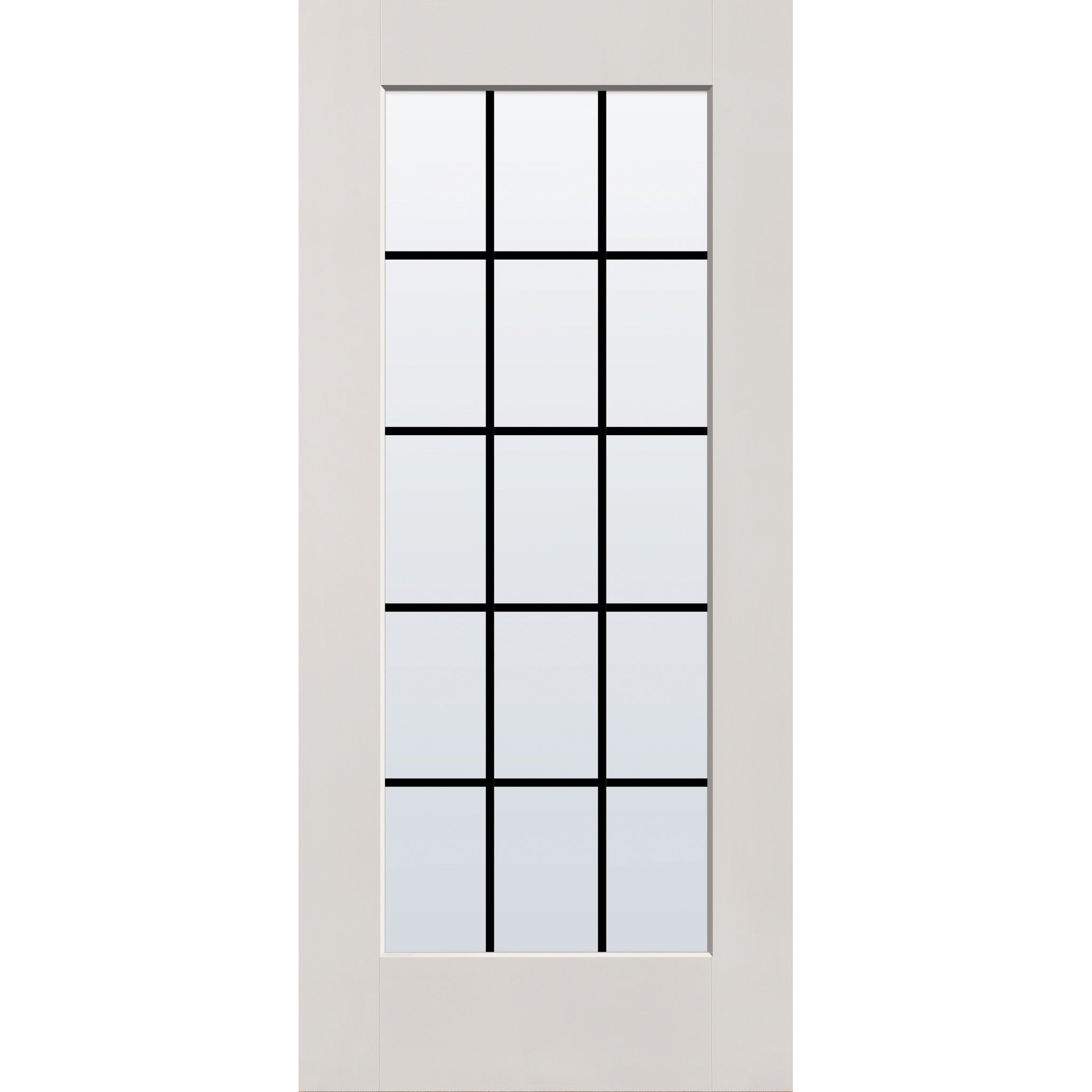 15 light grille flush glazed fiberglass entry door, full lite, 36" x 80", white satin smooth finish, black grilles between glass
