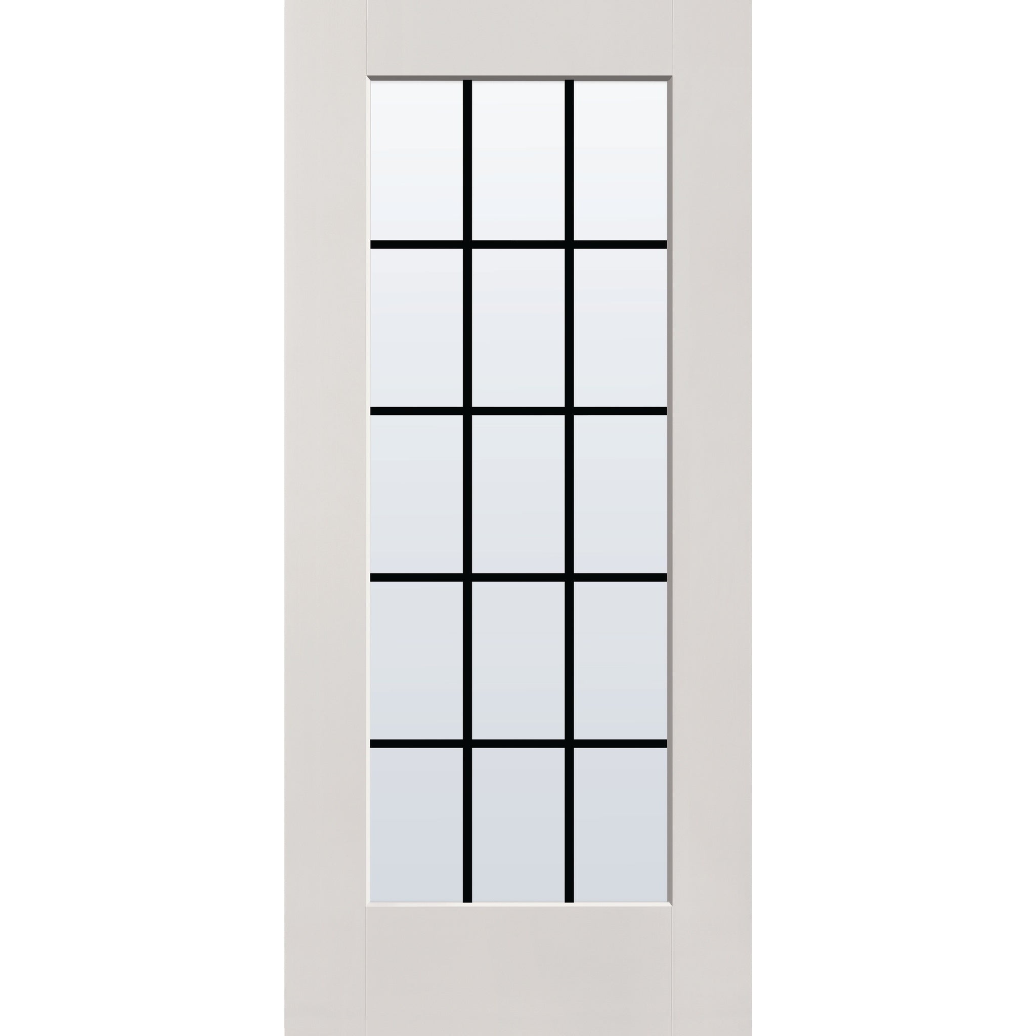15 light grille flush glazed fiberglass entry door, full lite, 36" x 80", white satin smooth finish, white grilles between glass