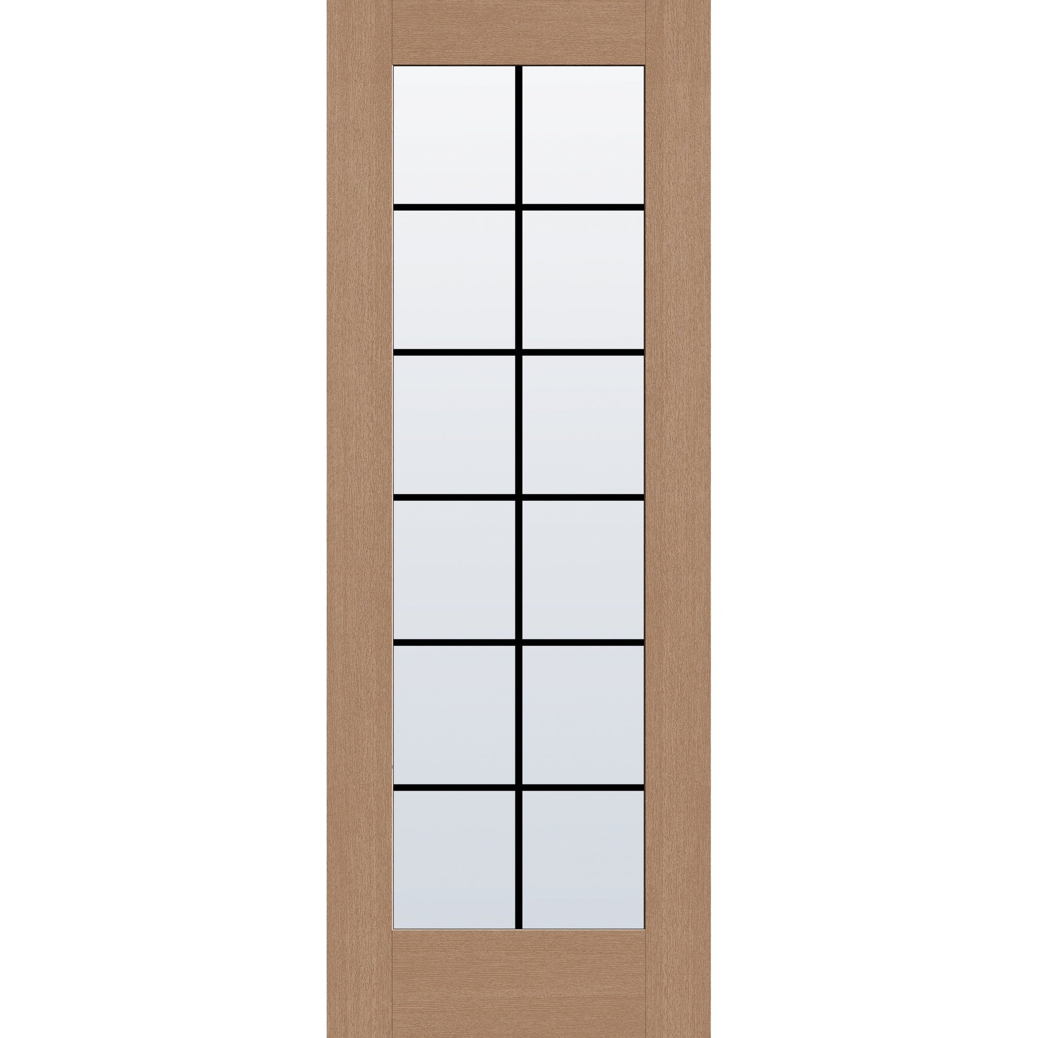 12 light grille flush glazed hurricane-rated fiberglass entry door, full lite, 36" x 96", tan woodgrain finish, black grilles between glass