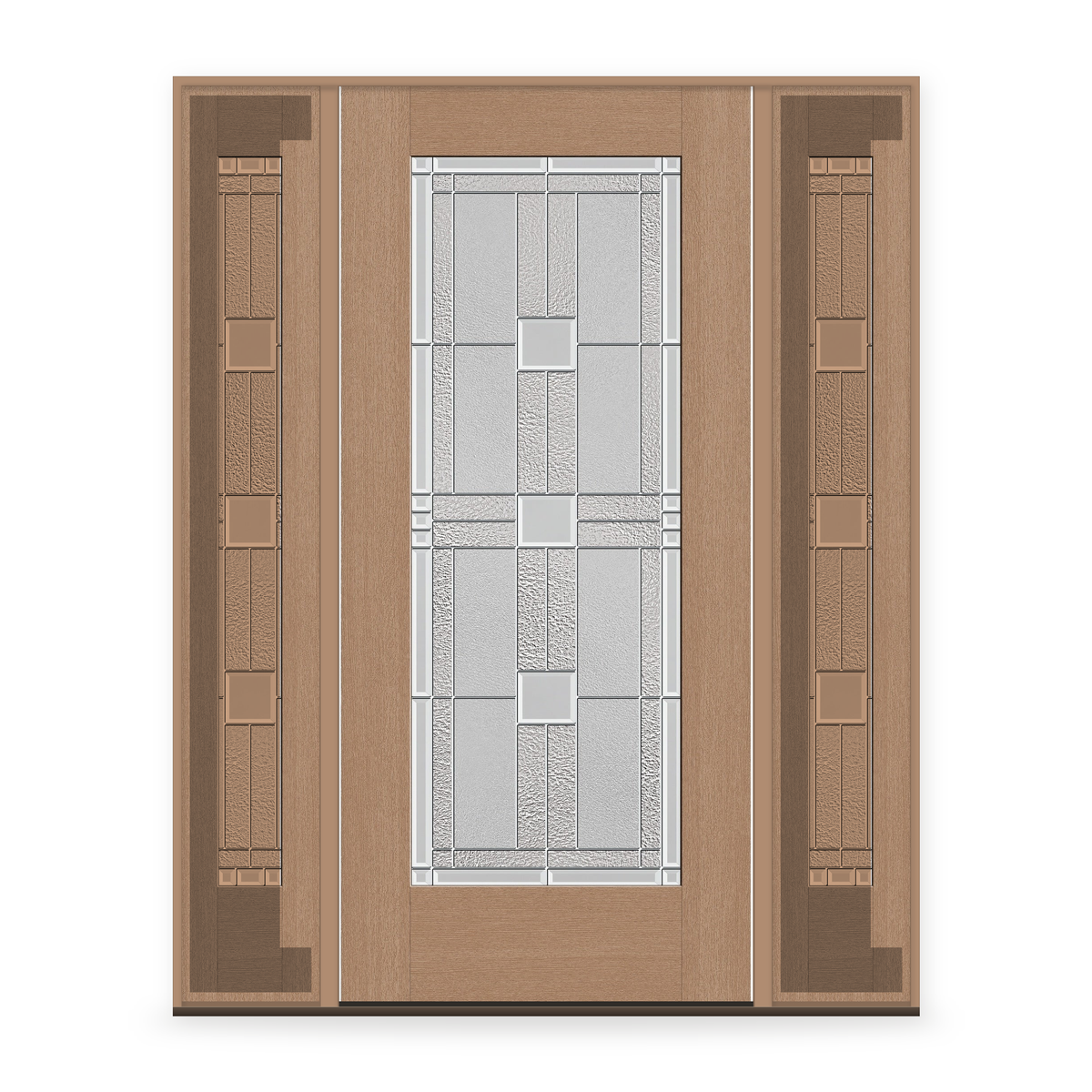 Austin Flush Glazed Fiberglass Entry Door System with Two Sidelites - Full Lite, Tan Woodgrain