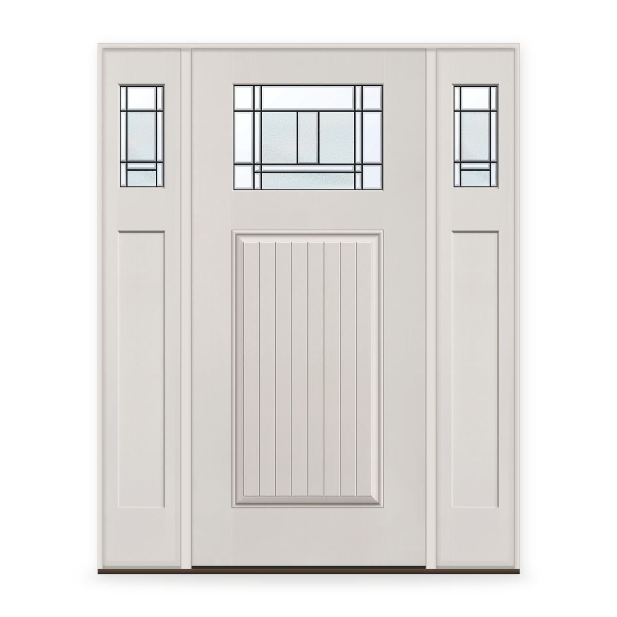 Berkley Flush Glazed Fiberglass Entry Door System with Two Sidelites - Craftsman Plank, White Satin Smooth