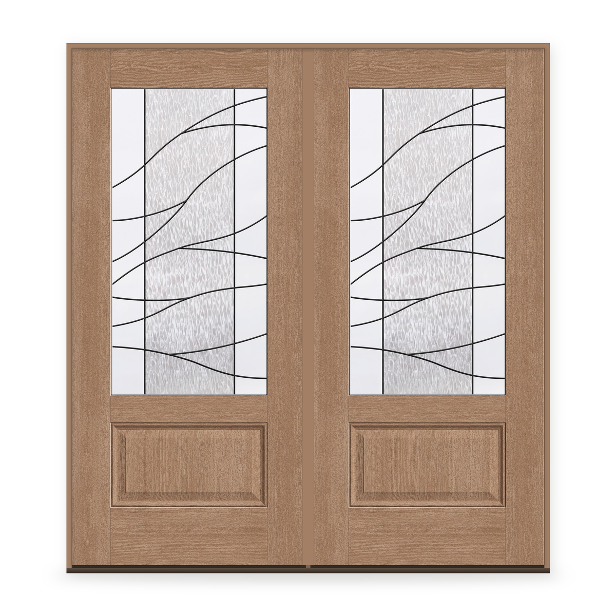 Double Briselle Flush Glazed Fiberglass Entry Door System - 3/4 Lite, Tan Woodgrain