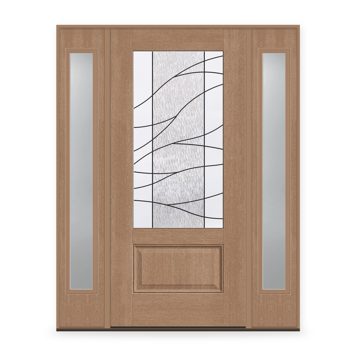 Briselle Flush Glazed Fiberglass Entry Door System with Two Sidelites - 3/4 Lite, Tan Woodgrain