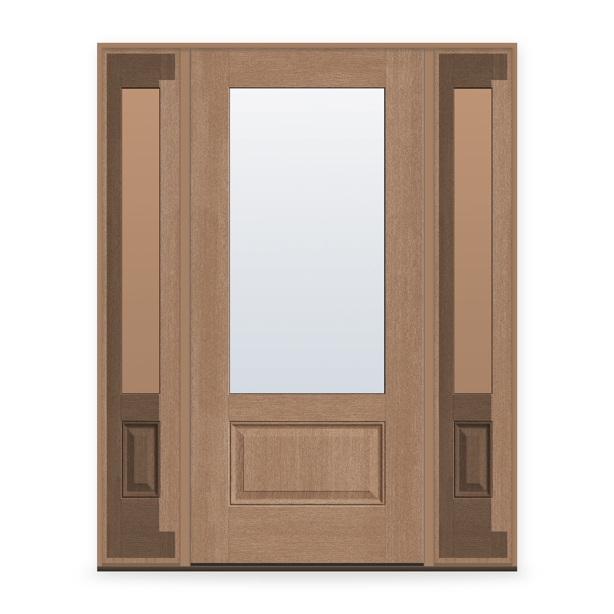 Clear Flush Glazed Fiberglass Entry Door System with Two Sidelites - 3/4 Lite, Tan Woodgrain