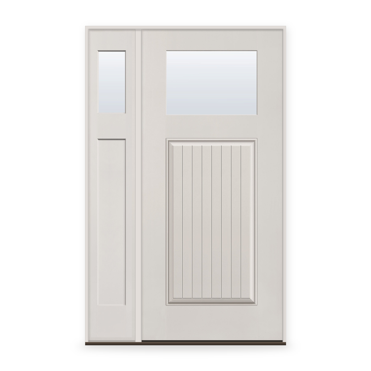 Clear Flush Glazed Fiberglass Entry Door System with Sidelite - Craftsman Plank, White Satin Smooth