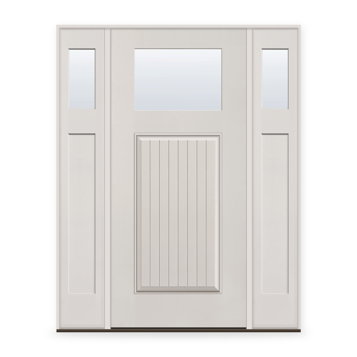 Clear Flush Glazed Fiberglass Entry Door System with Two Sidelites - Craftsman Plank, White Satin Smooth