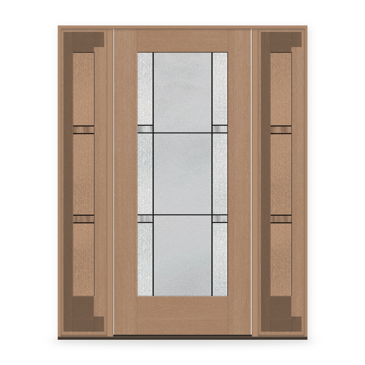 Dexter Flush Glazed Fiberglass Entry Door System with Two Sidelites - Full Lite, Tan Woodgrain