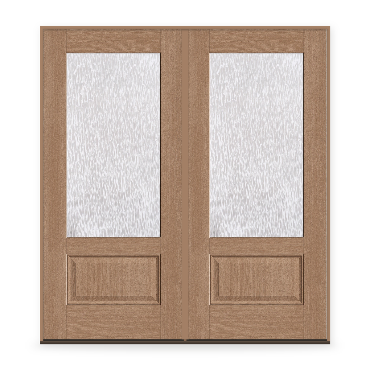 Double Waterglass Flush Glazed Fiberglass Entry Door System, Double Door - 3/4 Lite, Tan Woodgrain