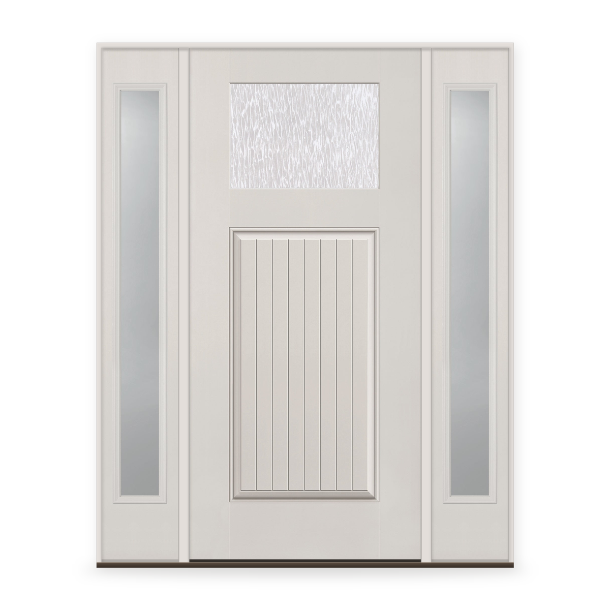 Double Waterglass Flush Glazed Fiberglass Entry Door System with Two Sidelites - Craftsman Plank, White Satin Smooth