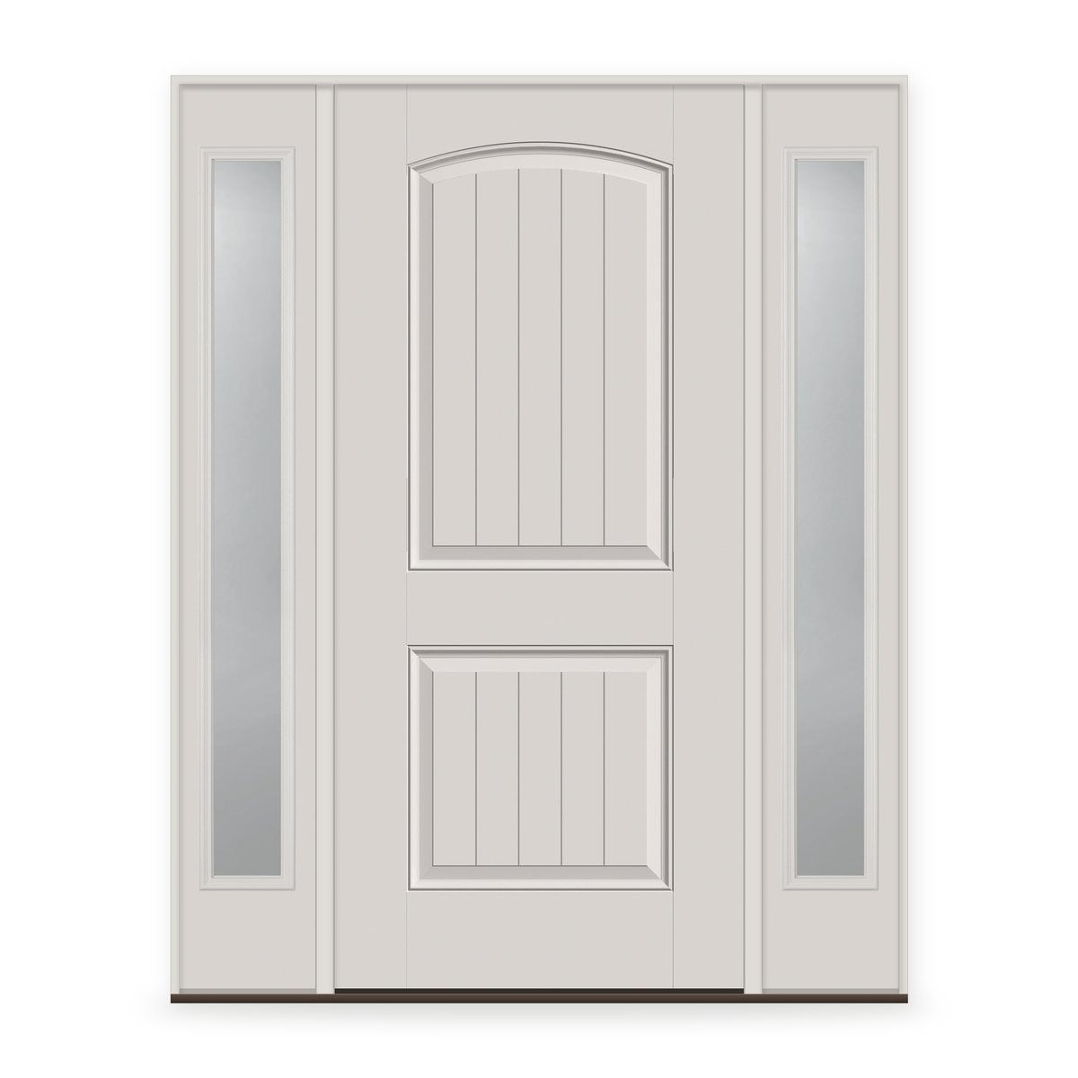 Fiberglass Entry Door System with Two Sidelites - 2 Panel Cambertop Plank, White Satin Smooth