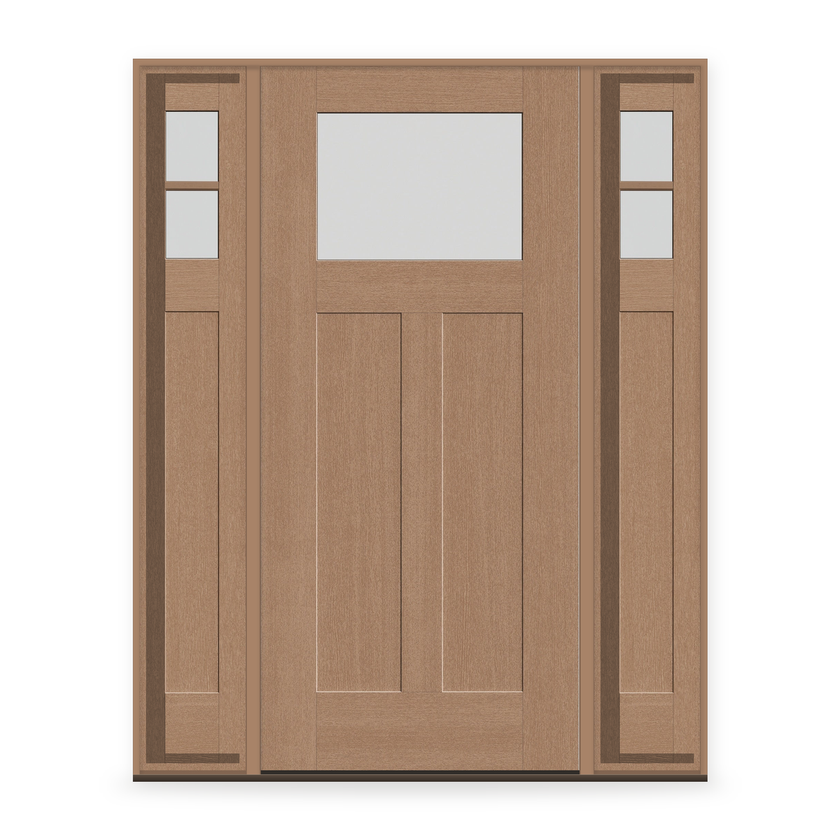 Frost Flush Glazed Fiberglass Entry Door System with Two Sidelites - Craftsman 2 Panel, Tan Woodgrain