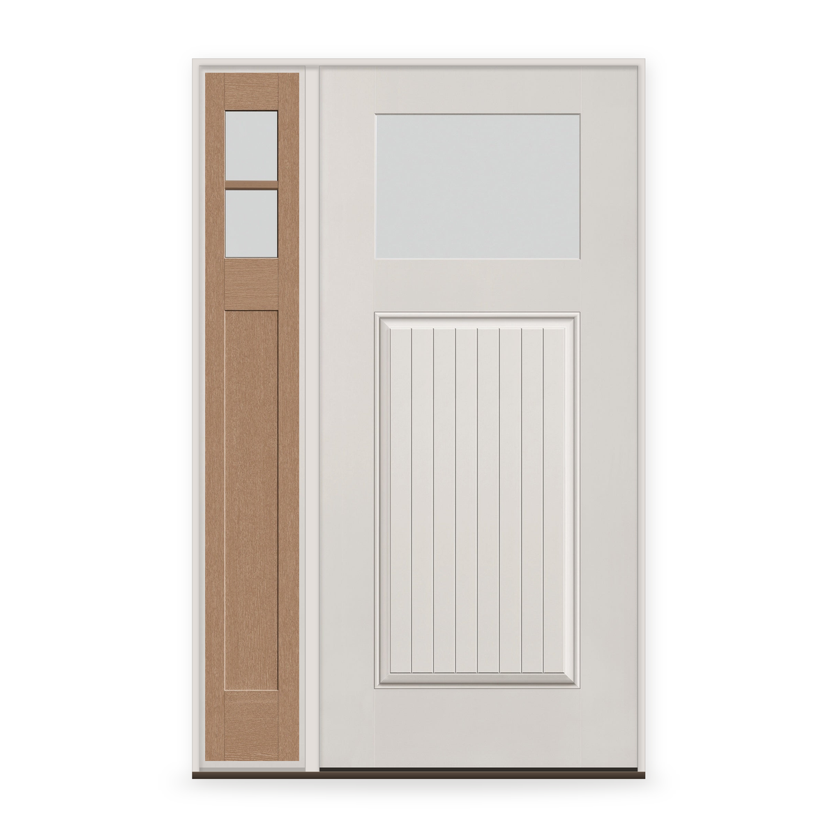 Frost Flush Glazed Fiberglass Entry Door System with Sidelite - Craftsman Plank, White Satin Smooth