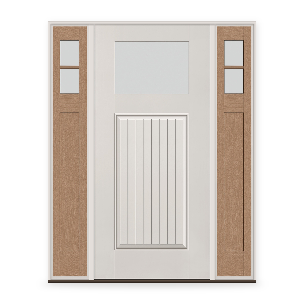 Frost Flush Glazed Fiberglass Entry Door System with Two Sidelites - Craftsman Plank, White Satin Smooth