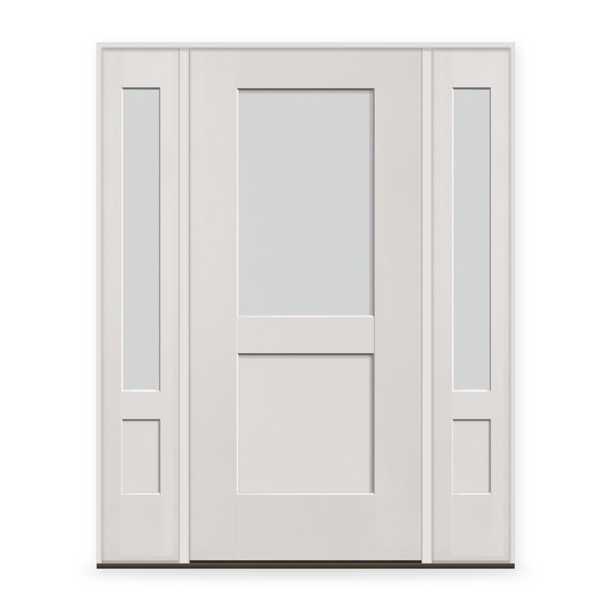 Frost Flush Glazed Fiberglass Entry Door System with Two Sidelites - Half Lite Shaker, White Satin Smooth