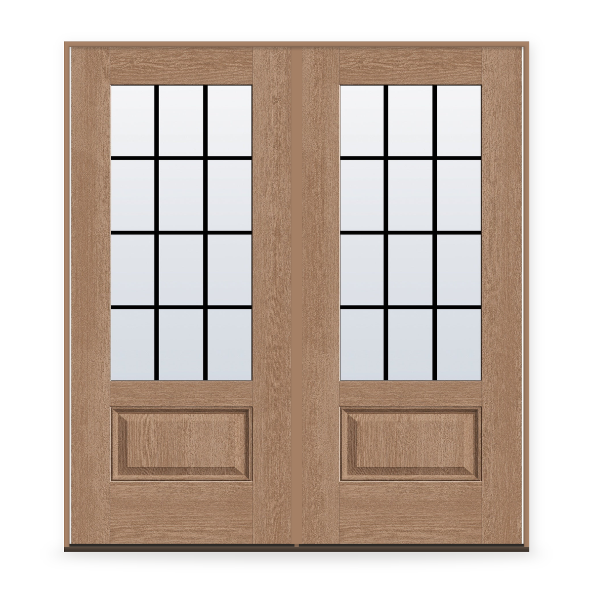 Double Grills Between Glass 12 Light Flush Glazed Fiberglass Entry Door System - 3/4 Lite, Tan Woodgrain, Black 7/8" Grilles
