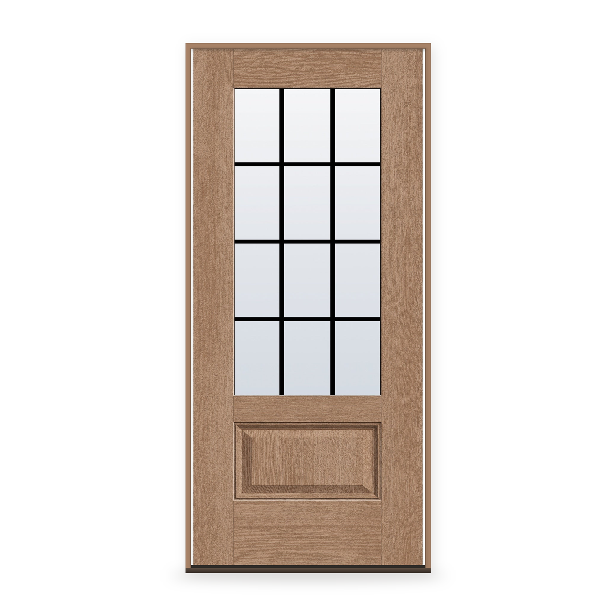 Prehung Grills Between Glass 12 Light Flush Glazed Fiberglass Entry Door System - 3/4 Lite, Tan Woodgrain, Black 5/8" Grilles