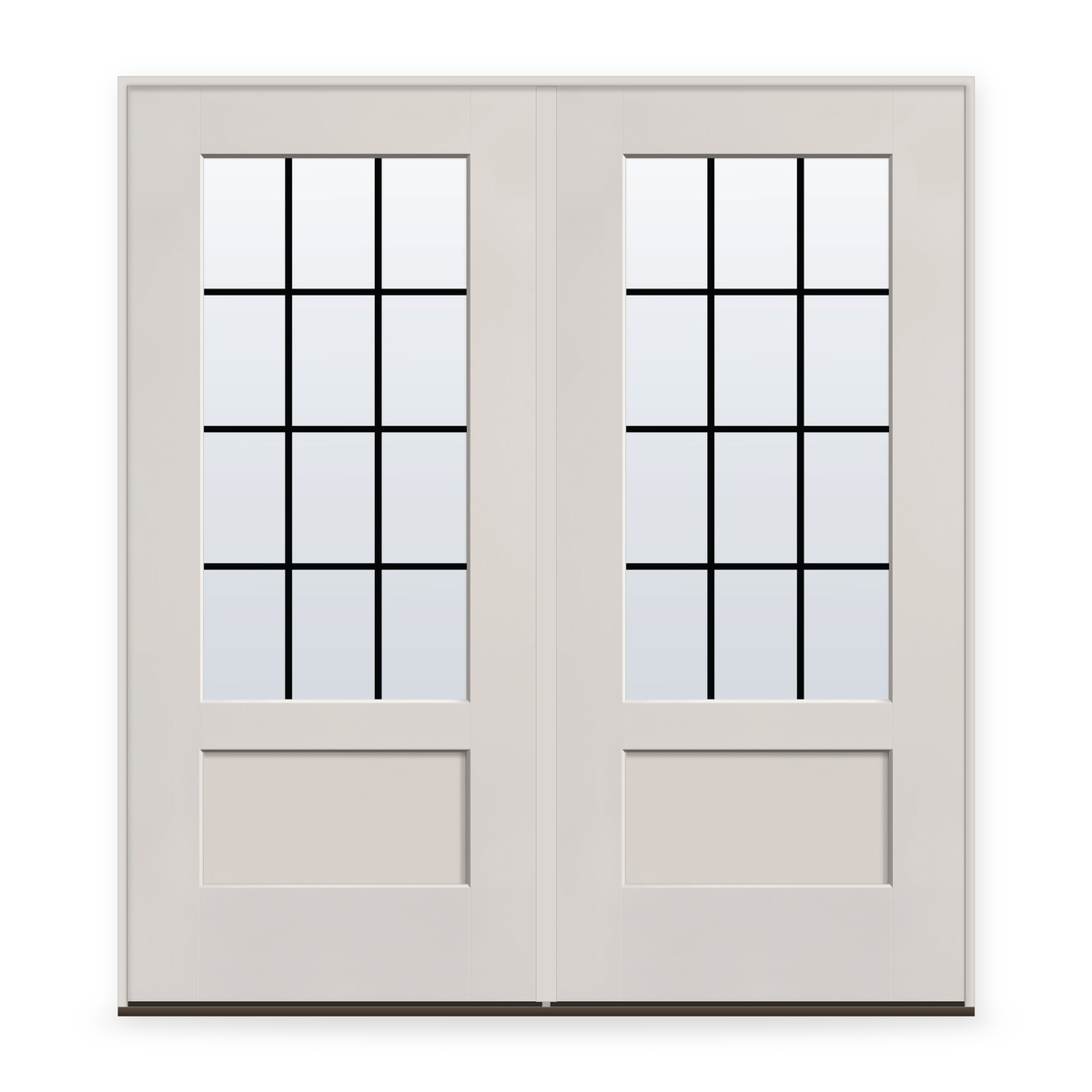 Double Grills Between Glass 12 Light Flush Glazed Fiberglass Entry Door System - 3/4 Lite Shaker, White Satin Smooth, Black 7/8" Grilles