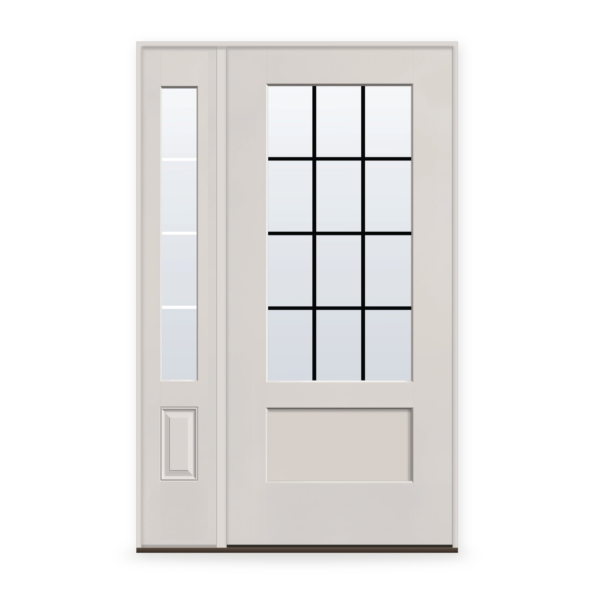 Grills Between Glass 12 Light Flush Glazed Fiberglass Entry Door System with Sidelite - 3/4 Lite Shaker, White Satin Smooth, Black 5/8" Grilles