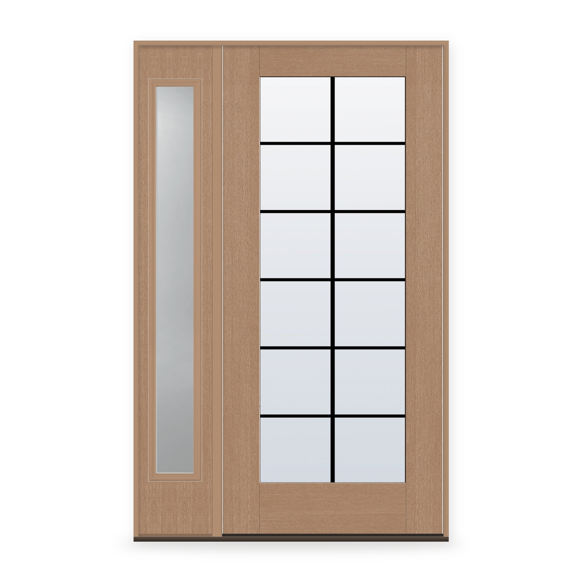 Grills Between Glass 12 Light Flush Glazed Fiberglass Entry Door System with Sidelite - Full Lite, Tan Woodgrain, Black 7/8" Grilles