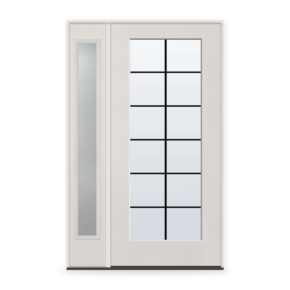 Grills Between Glass 12 Light Flush Glazed Fiberglass Entry Door System with Sidelite - Full Lite, White Satin Smooth, Black 5/8" Grilles