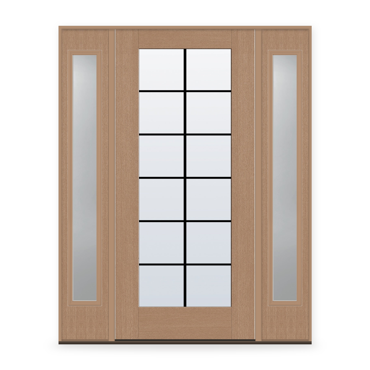 Grills Between Glass 12 Light Flush Glazed Fiberglass Entry Door System with Two Sidelites - Full Lite, Tan Woodgrain, Black 5/8" Grilles