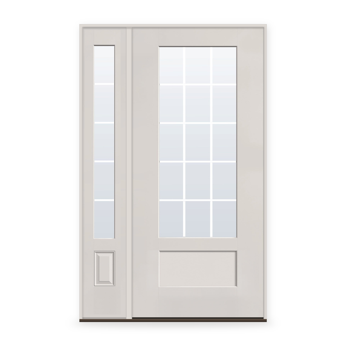 Grills Between Glass 15 Light Flush Glazed Fiberglass Entry Door System with Sidelite - 3/4 Lite Shaker, White Satin Smooth, White 5/8" Grilles