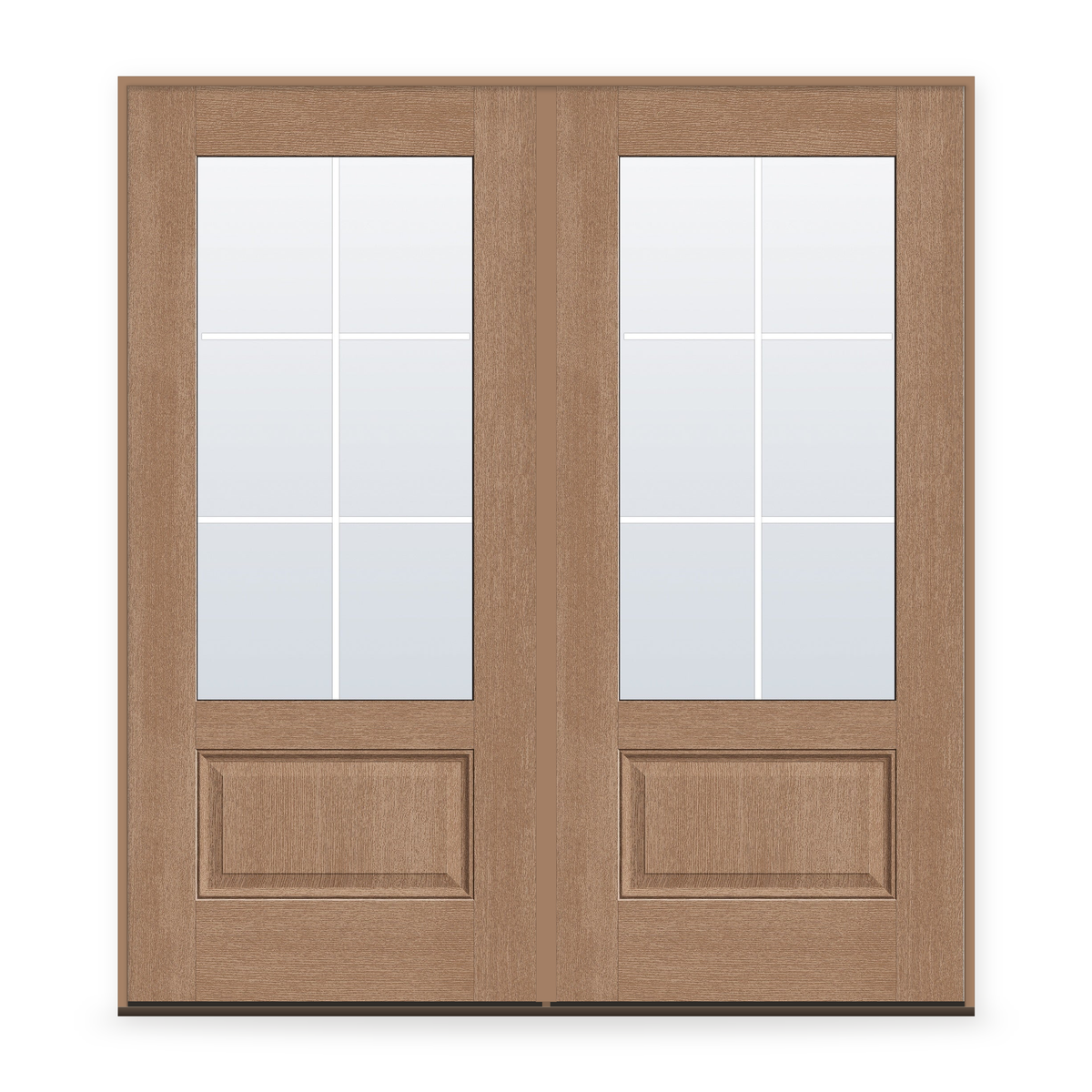 Double Grills Between Glass 6 Light Flush Glazed Fiberglass Entry Door System - 3/4 Lite, Tan Woodgrain