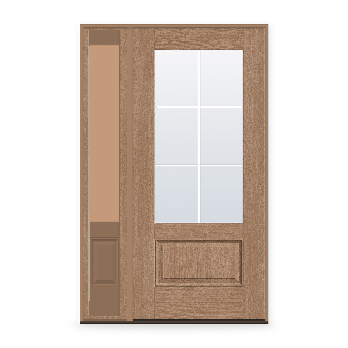 Grills Between Glass 6 Light Flush Glazed Fiberglass Entry Door System with Sidelite - 3/4 Lite, Tan Woodgrain