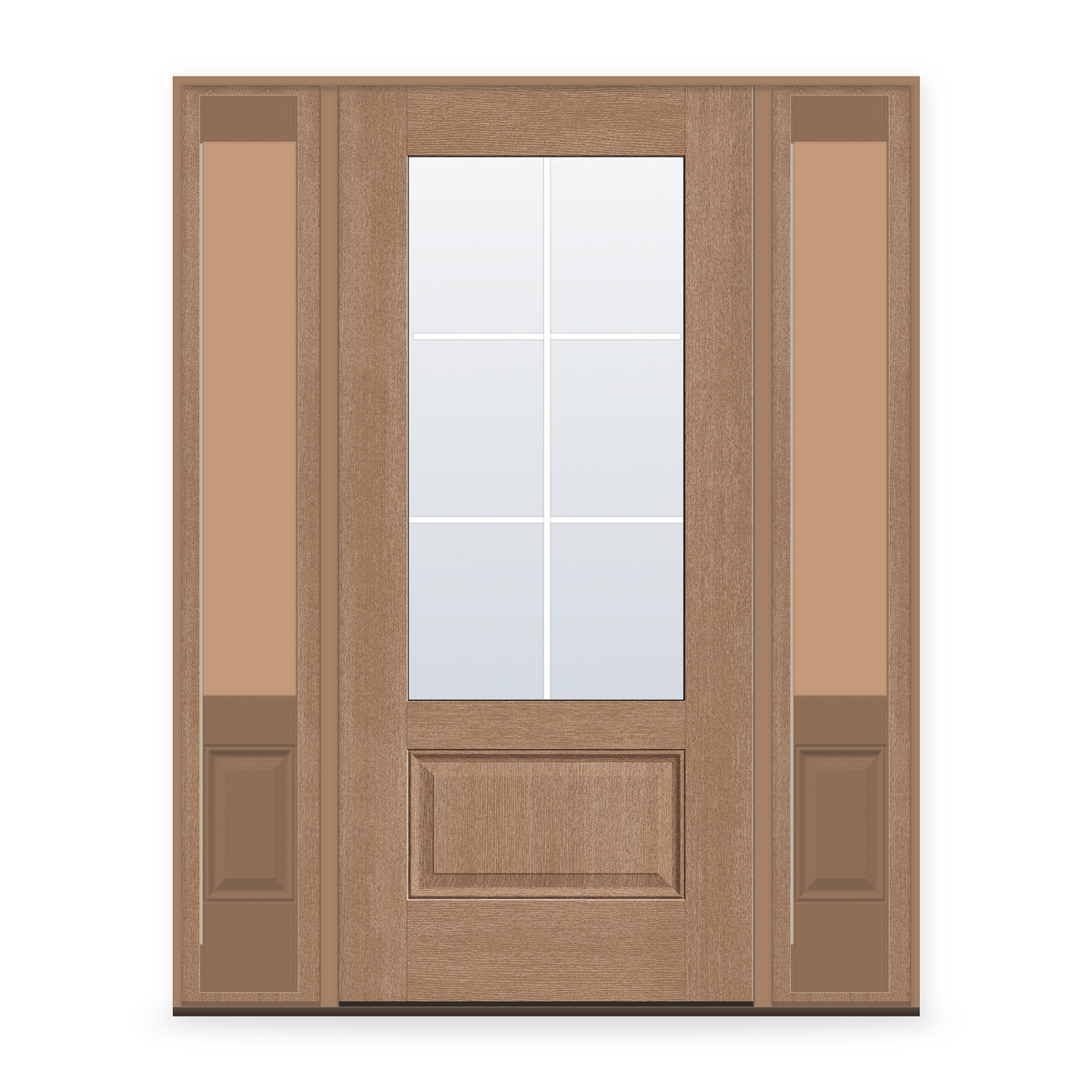 Grills Between Glass 6 Light Flush Glazed Fiberglass Entry Door System with Two Sidelites - 3/4 Lite, Tan Woodgrain