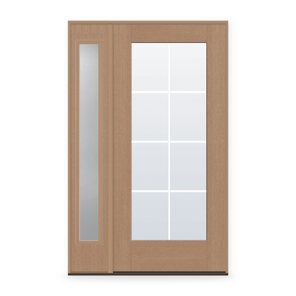 Grills Between Glass 8 Light Flush Glazed Fiberglass Entry Door System with Sidelite - Full Lite, Tan Woodgrain, White 7/8" Grilles
