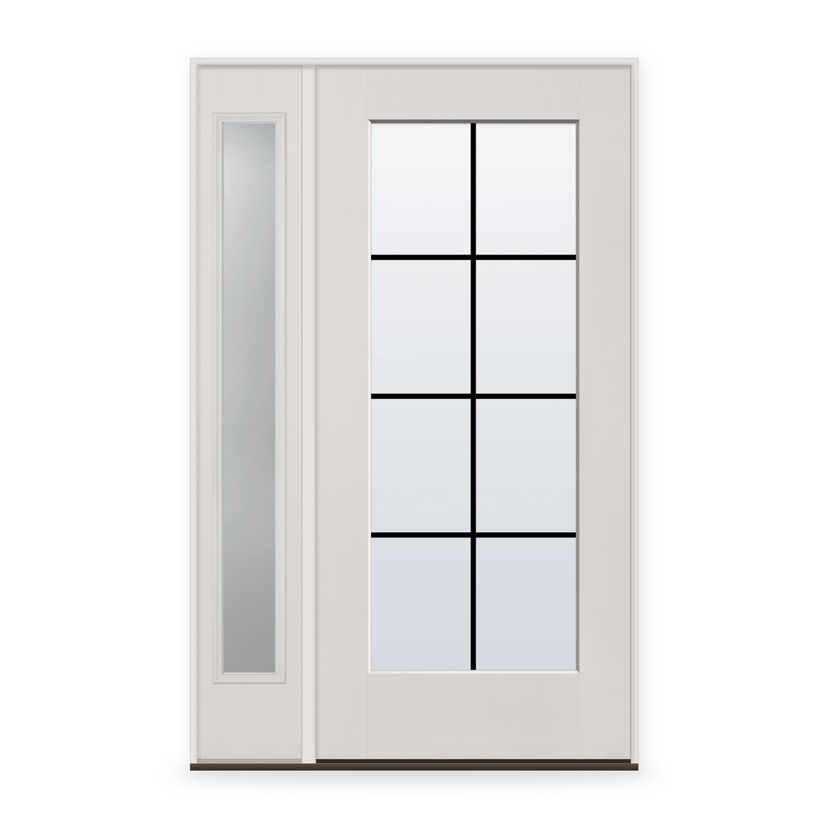 Grills Between Glass 8 Light Flush Glazed Fiberglass Entry Door System with Sidelite - Full Lite, White Satin Smooth, Black 7/8" Grilles
