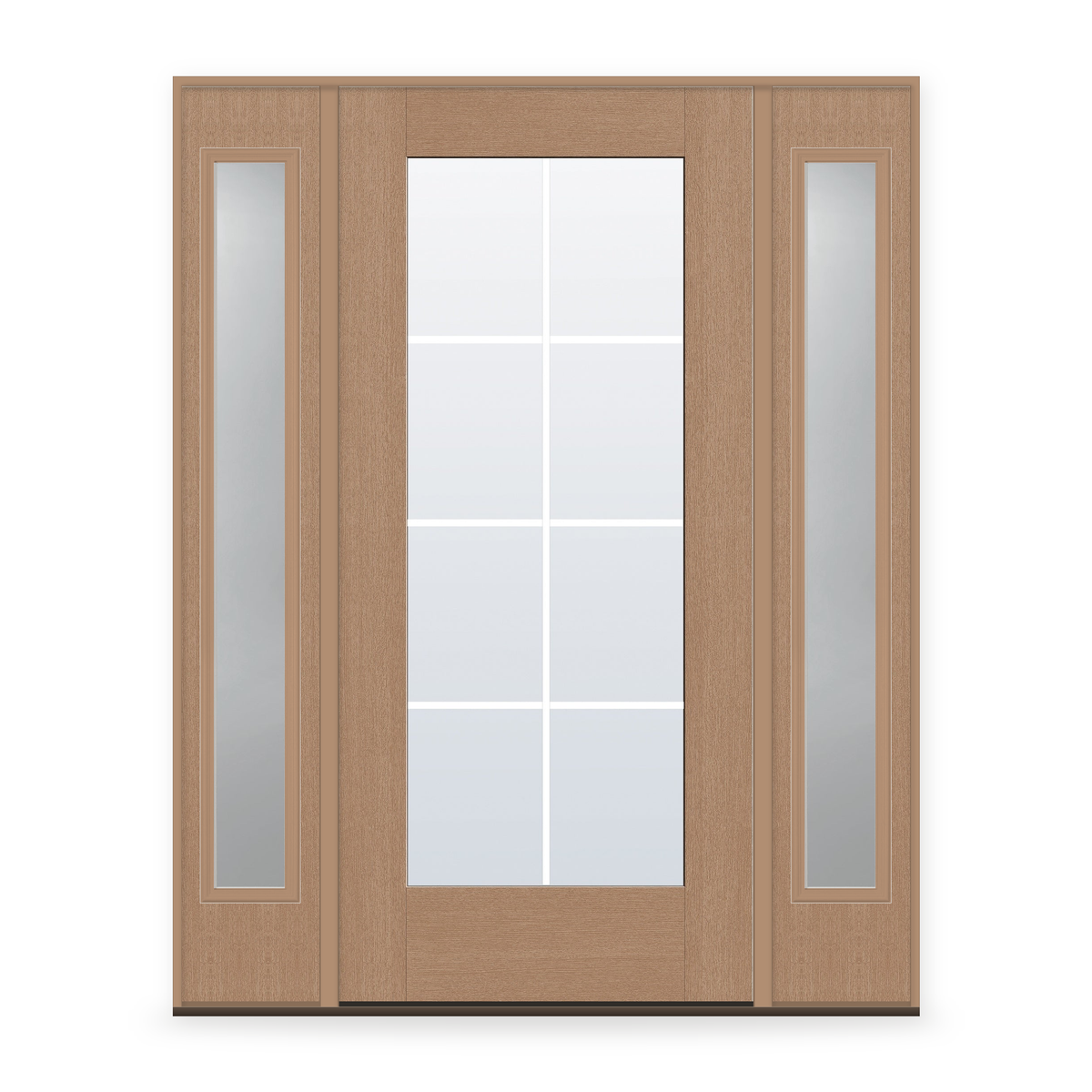 Grills Between Glass 8 Light Flush Glazed Fiberglass Entry Door System with Two Sidelites - Full Lite, Tan Woodgrain, White 7/8" Grilles