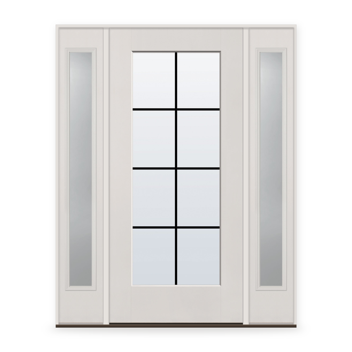 Grills Between Glass 8 Light Flush Glazed Fiberglass Entry Door System with Two Sidelites - Full Lite, White Satin Smooth, Black 7/8" Grilles