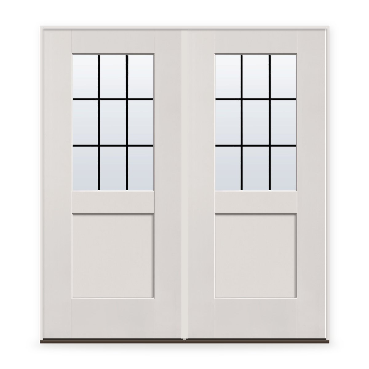Double Grills Between Glass 9 Light Flush Glazed Fiberglass Entry Door System - Half Lite Shaker, White Satin Smooth, Black 7/8" Grilles