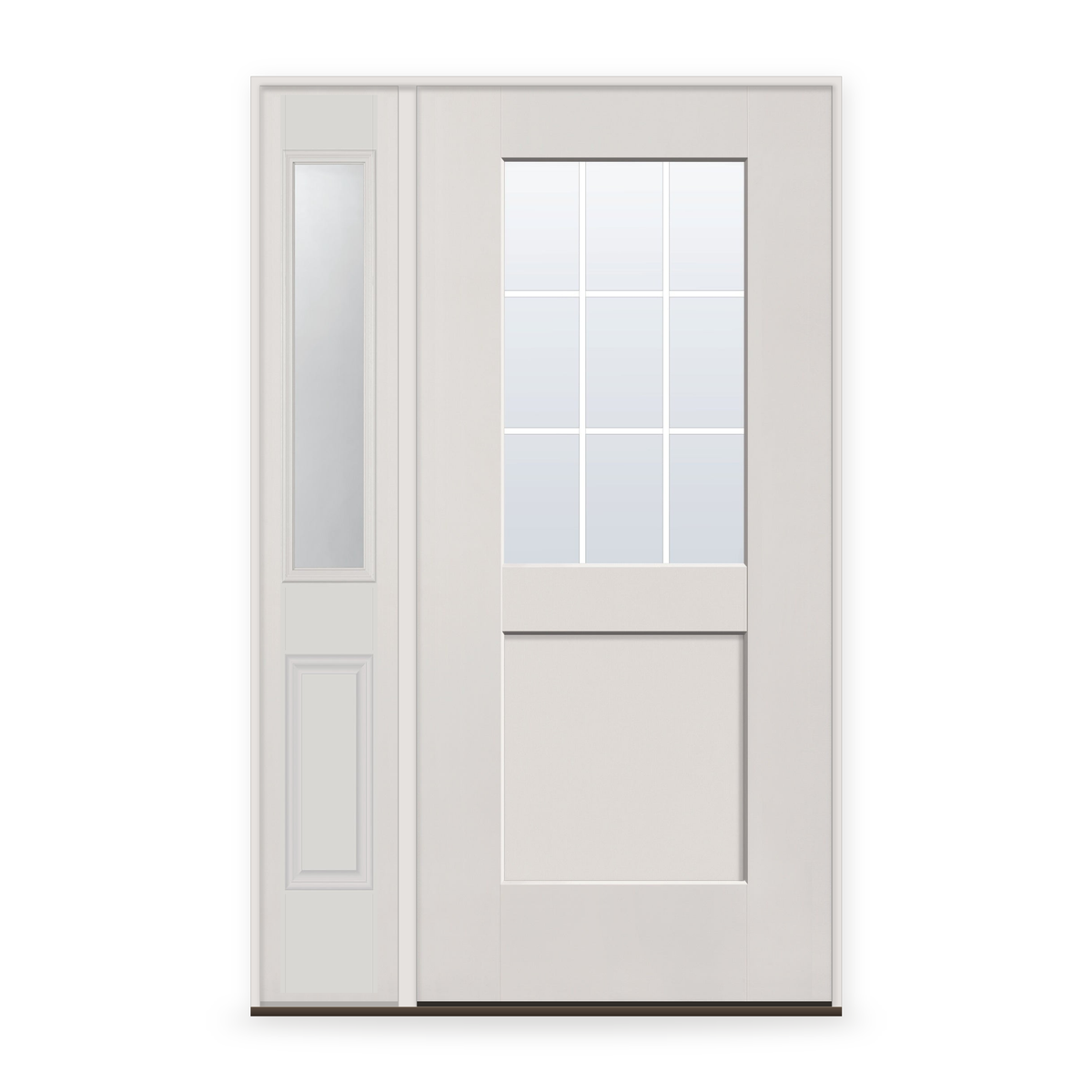 Grills Between Glass 9 Light Flush Glazed Fiberglass Entry Door System with Sidelite - Half Lite Shaker, White Satin Smooth, White 5/8" Grilles