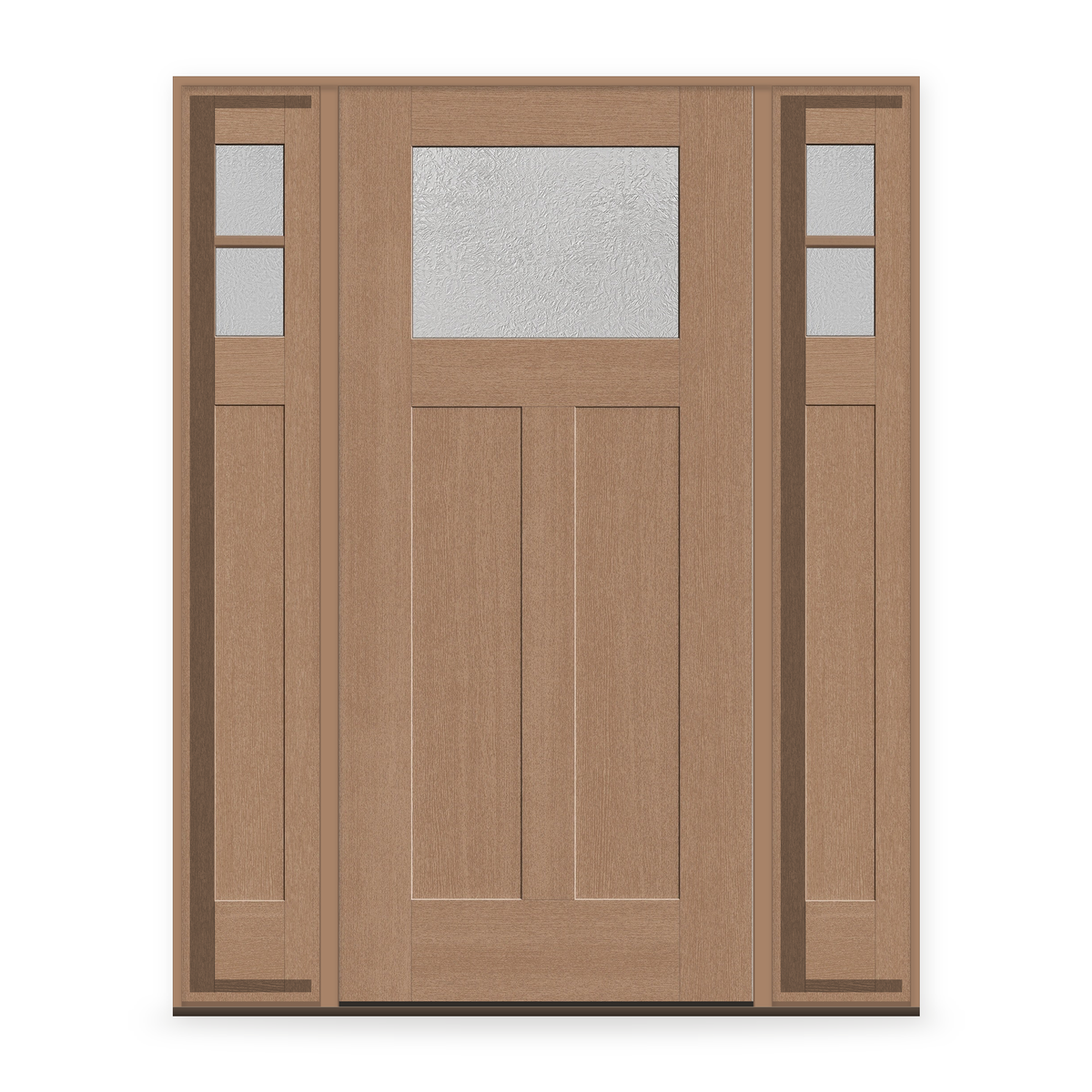 Micro-Granite Flush Glazed Fiberglass Entry Door System with Two Sidelites - Craftsman 2 Panel, Tan Woodgrain