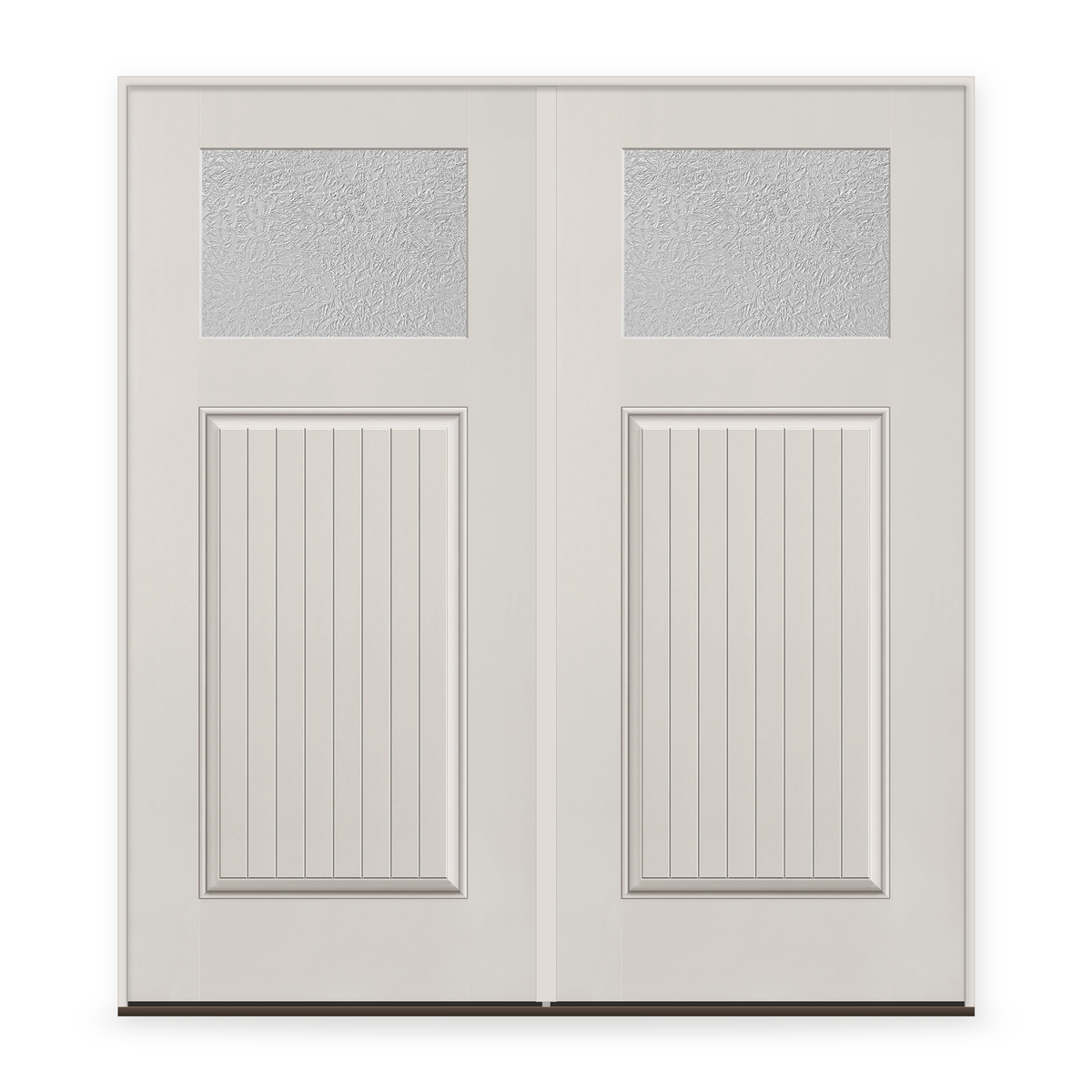 Double Micro-Granite Flush Glazed Fiberglass Entry Door System - Craftsman Plank, White Satin Smooth
