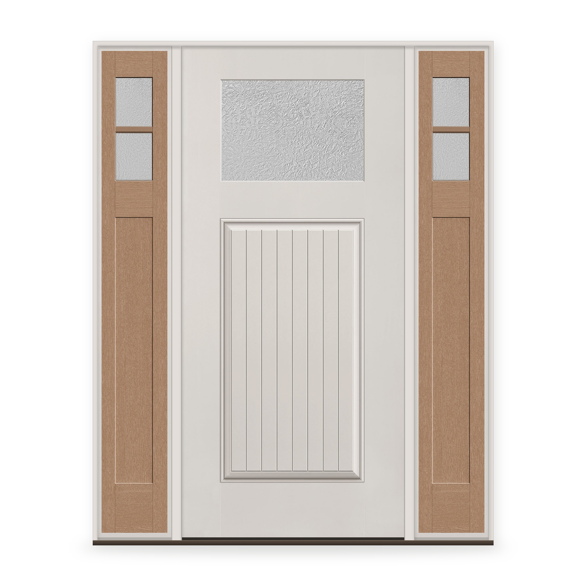 Micro-Granite Flush Glazed Fiberglass Entry Door System with Two Sidelites - Craftsman Plank, White Satin Smooth